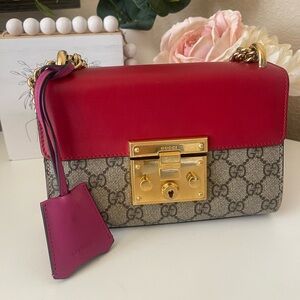GG Supreme Monogram Calfskin Small Padlock Hibiscus and Red